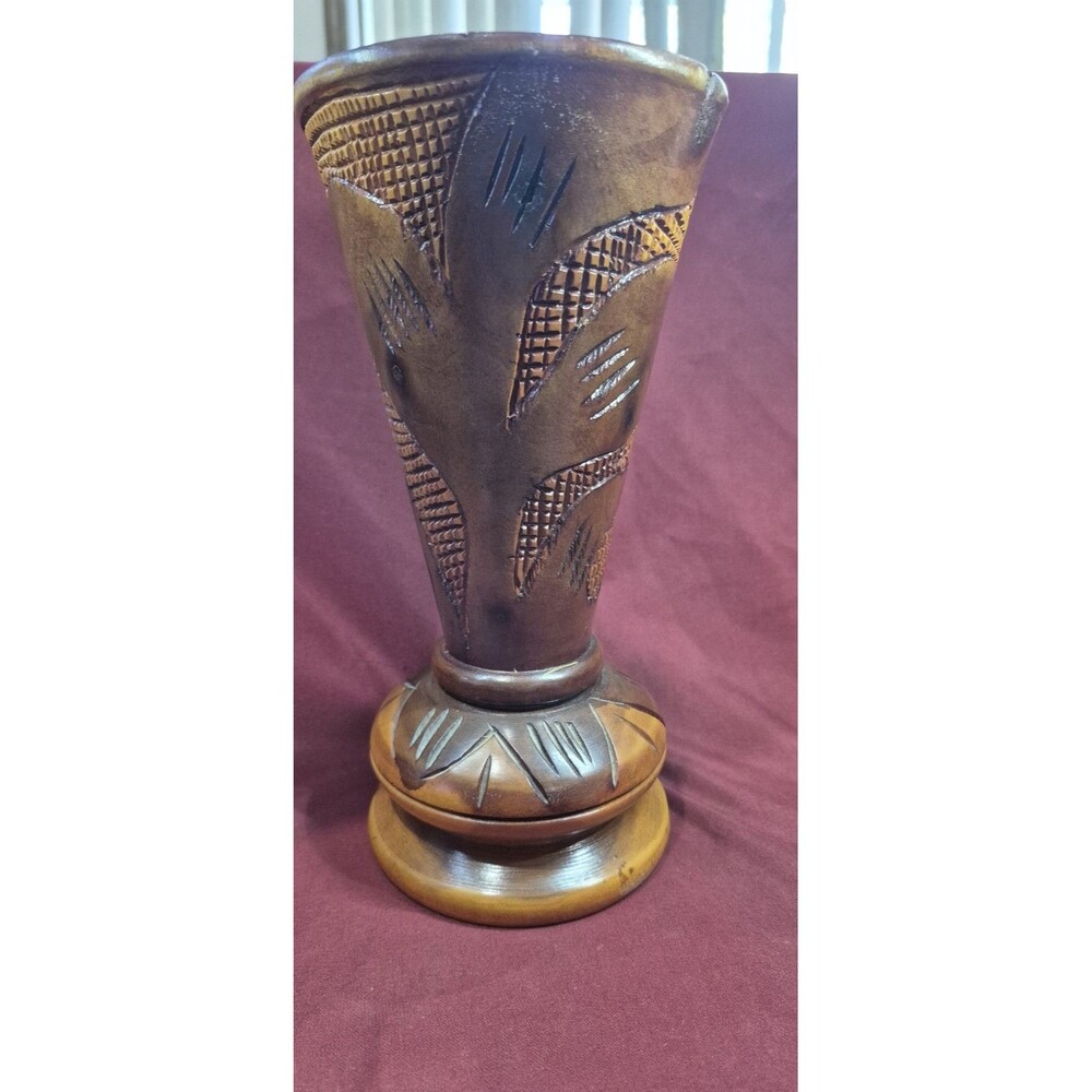 Vintage Hand Carved Wooden Pedestal Vase 9.5" Boho Leaf Crosshatch Motif EUC